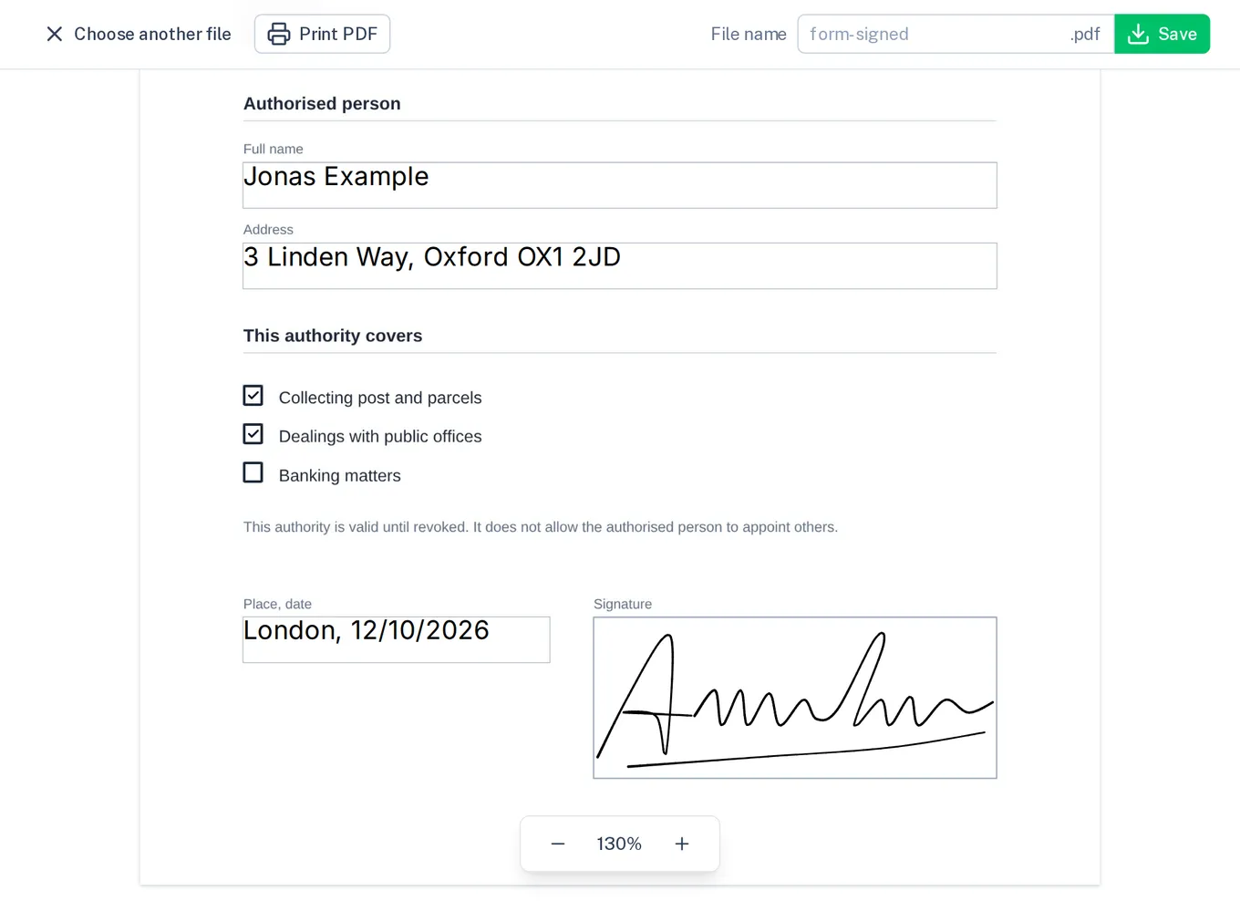 A power of attorney in “Sign PDF”: filled in, two boxes ticked, signed by hand