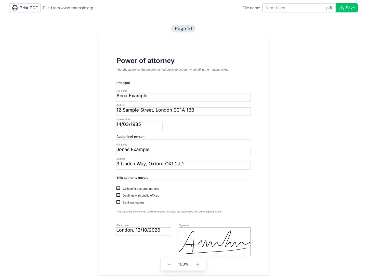 An embedded power of attorney, filled in and signed